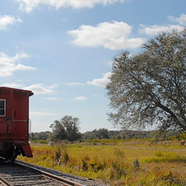 a train traveling down train tracks near a field