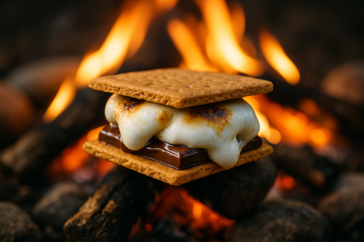 close up of a s'more roasting over a campfire