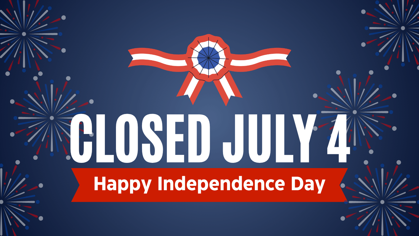 Closed July 4 sign with fireworks and a ribbon on dark background.