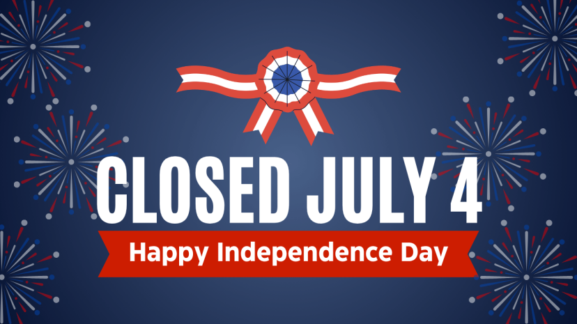Closed July 4 sign with fireworks and a ribbon on dark background.